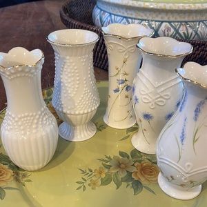 Lenox Bud Vases Set of 5.  Gold trim on top  3 w Sweet floral. 2 bead pattern